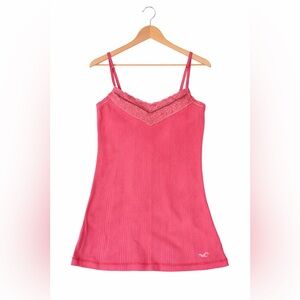 Hollister Pink Ribbed Lace Trim Cami Tank Top | Adjustable Straps | Soft Stretch